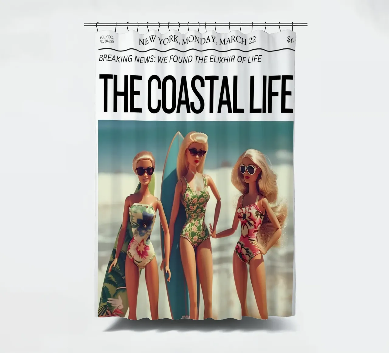 Satirische kunst "Coastal Life Elixir" - Strand Barbie Vibes douchegordijn van ClubArt