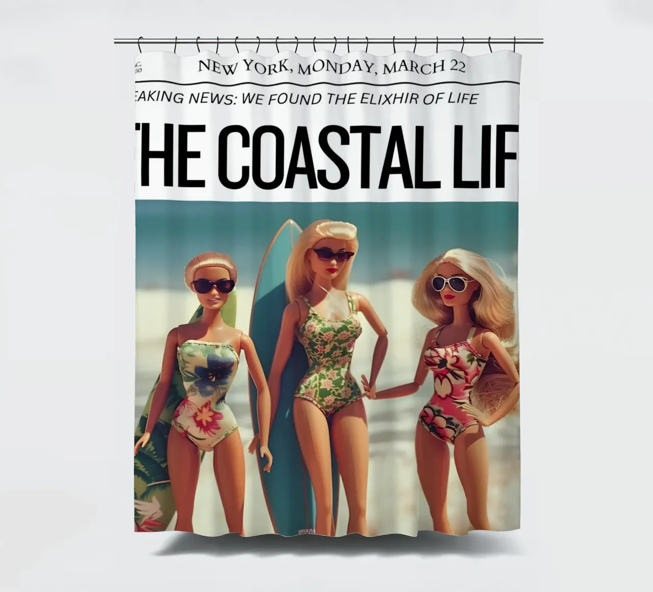 Satirische kunst "Coastal Life Elixir" - Strand Barbie Vibes douchegordijn van ClubArt