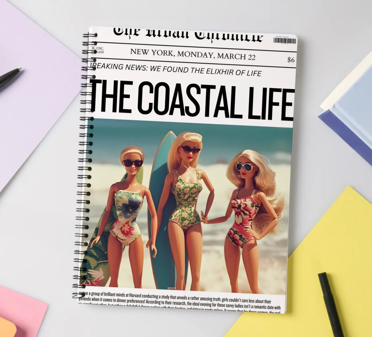 "Coastal Life Elixir" Satirical Art - Beach Barbie Vibes spiral notebook by ClubArt