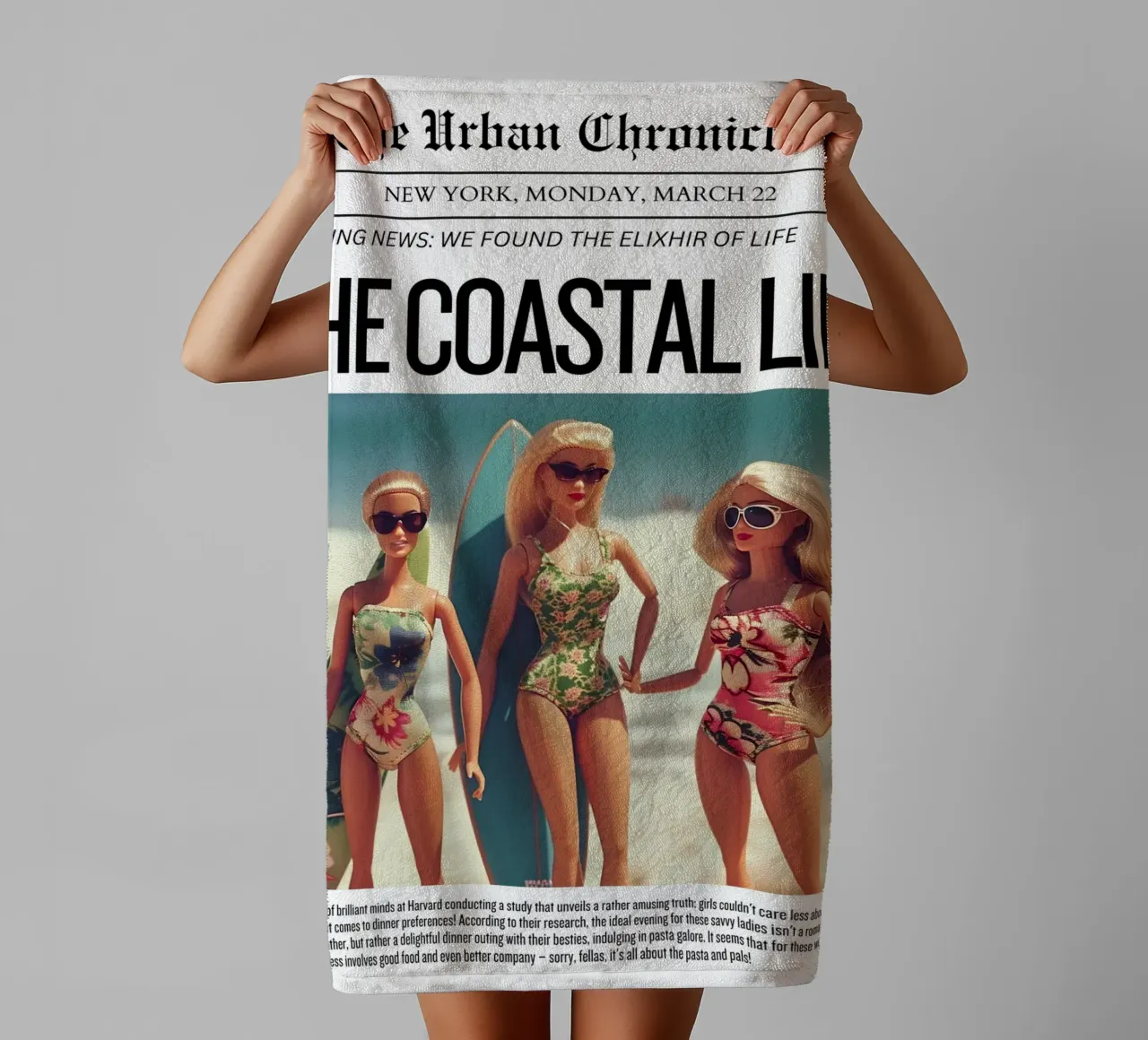Satirische kunst "Coastal Life Elixir" - Strand Barbie Vibes badhanddoek van ClubArt