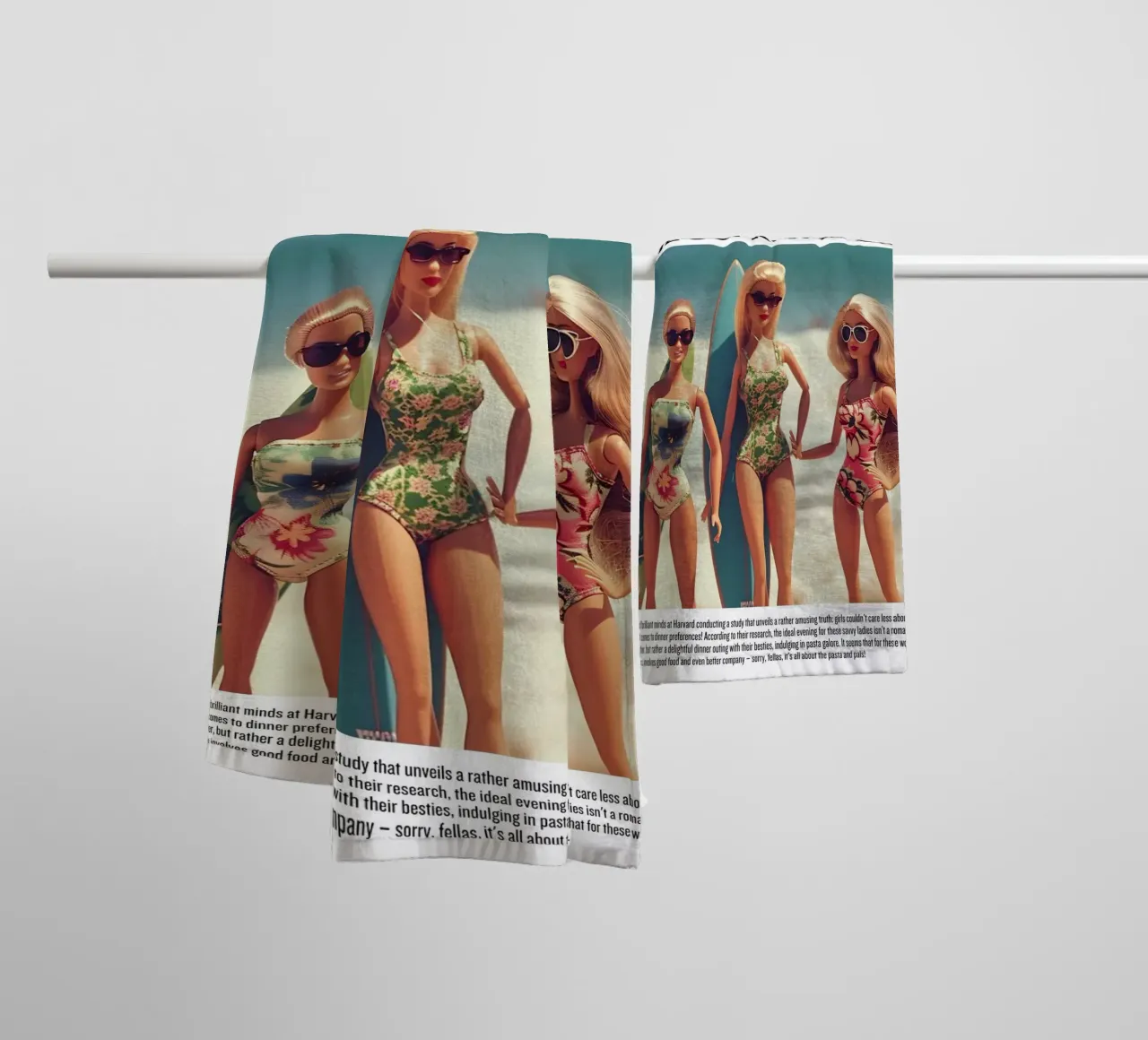 Satirische kunst "Coastal Life Elixir" - Strand Barbie Vibes badhanddoek van ClubArt