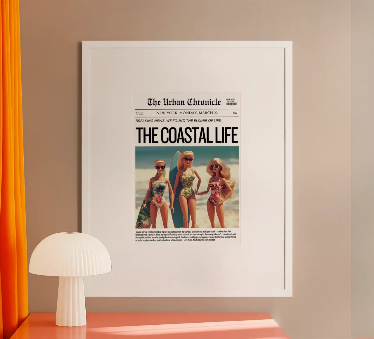 Art satirique "Coastal Life Elixir" - Beach Barbie Vibes poster avec cadre en plastique de ClubArt