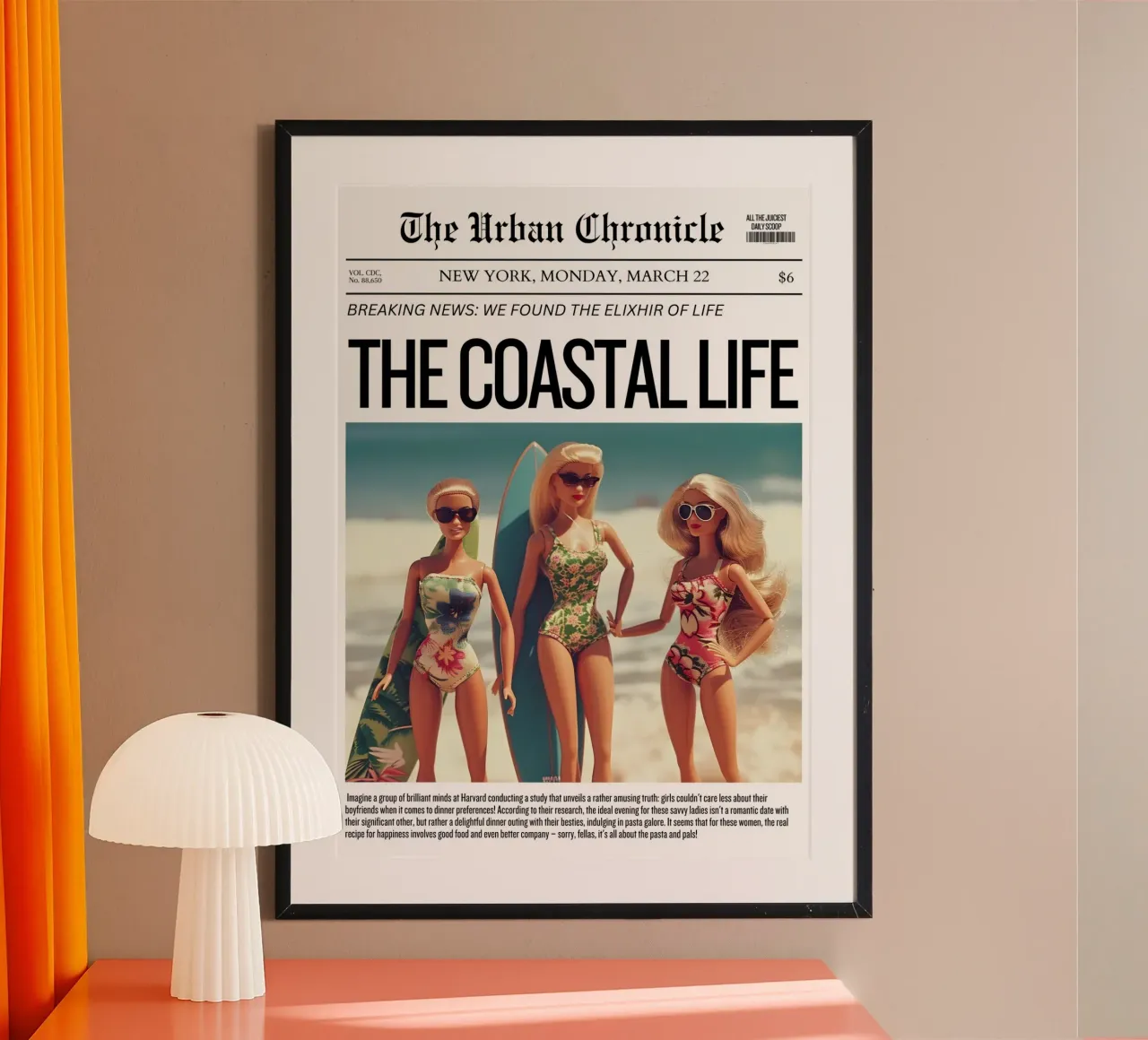 Art satirique "Coastal Life Elixir" - Beach Barbie Vibes poster avec cadre en plastique de ClubArt