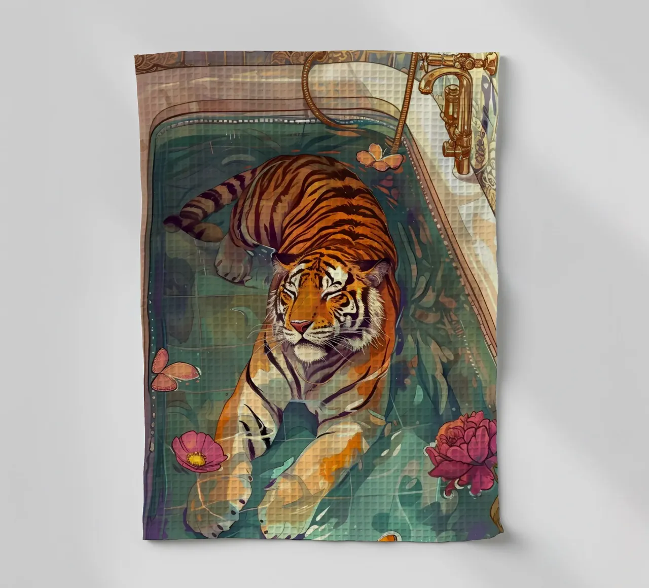 Serene jungle-kunst "Tiger's Bath" - grillig en weelderig theedoek van ClubArt
