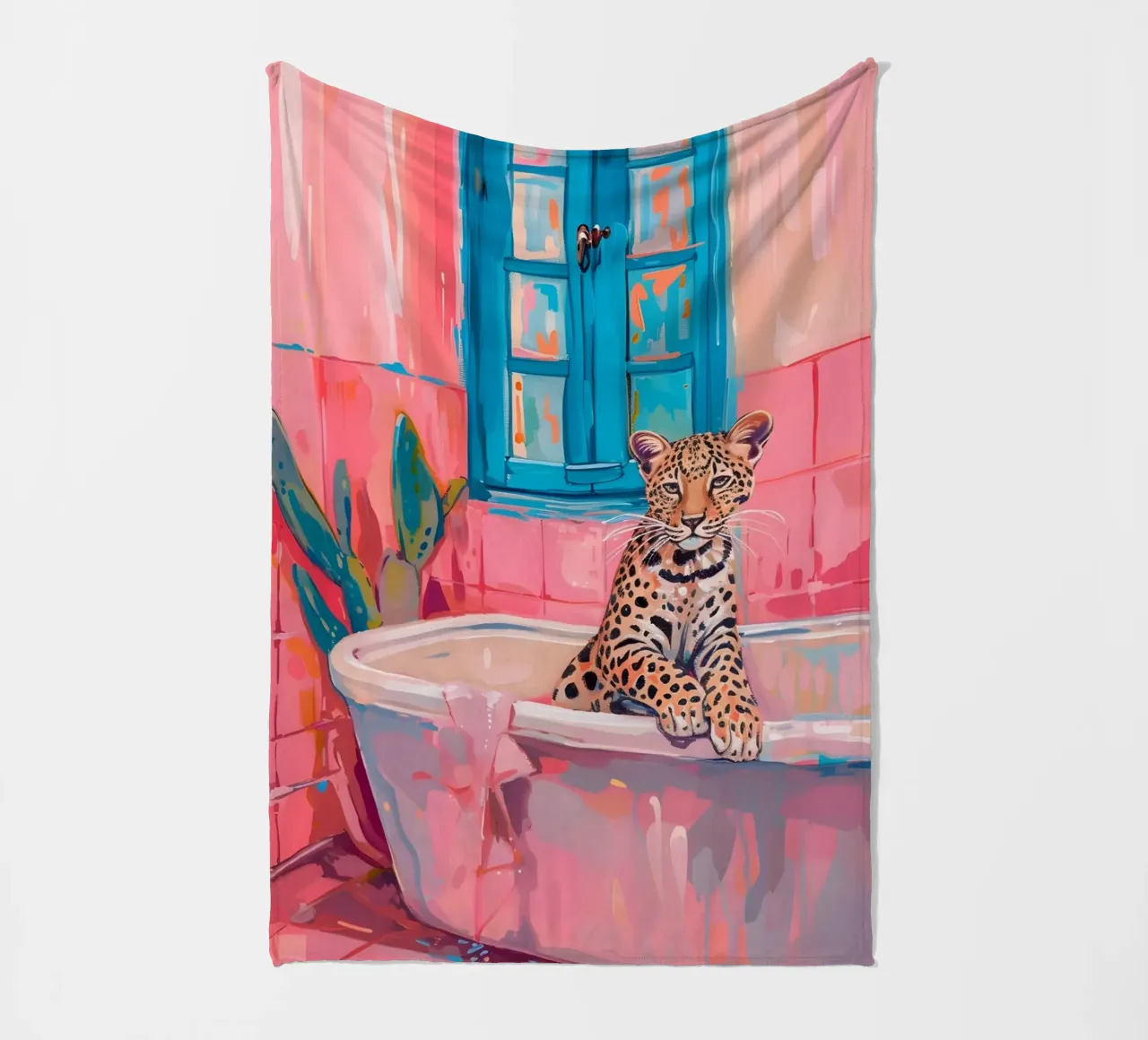 "Leopard in the Bath" Pop Surrealism Art - Playful & Bold fleece blanket by ClubArt