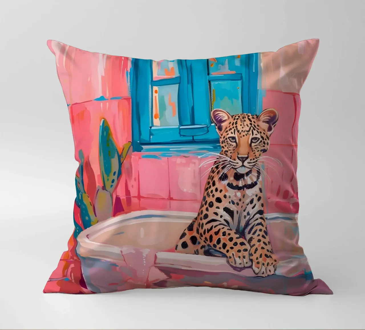 "Leopard in the Bath" Pop Surrealism Art - Playful & Bold decorative cushion by ClubArt