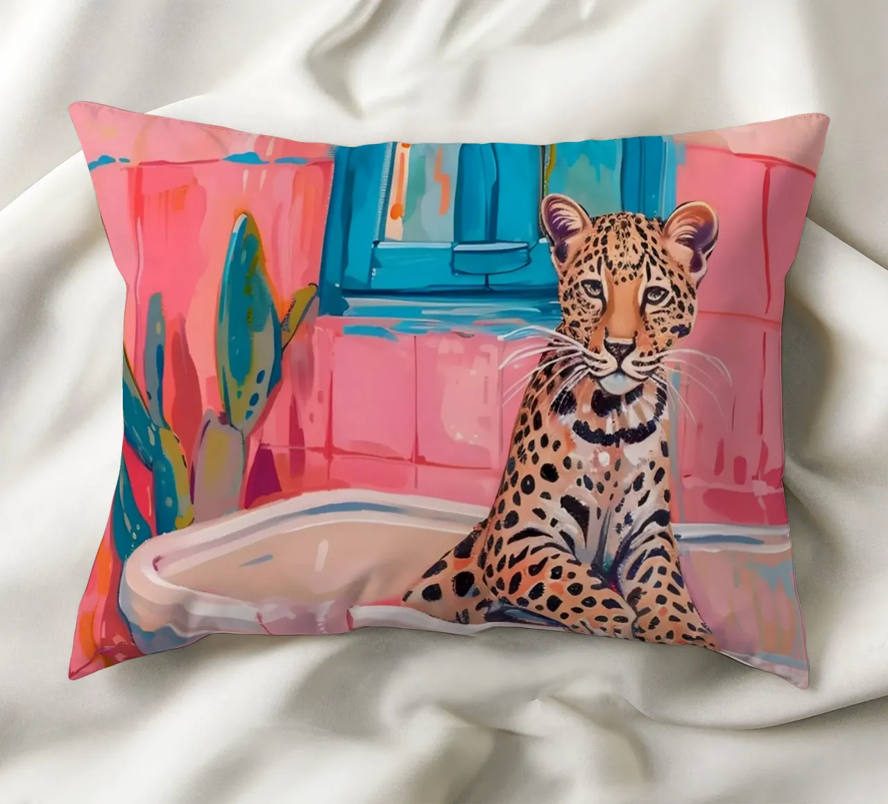 "Leopard in the Bath" Pop Surrealism Art - Playful & Bold decorative cushion by ClubArt
