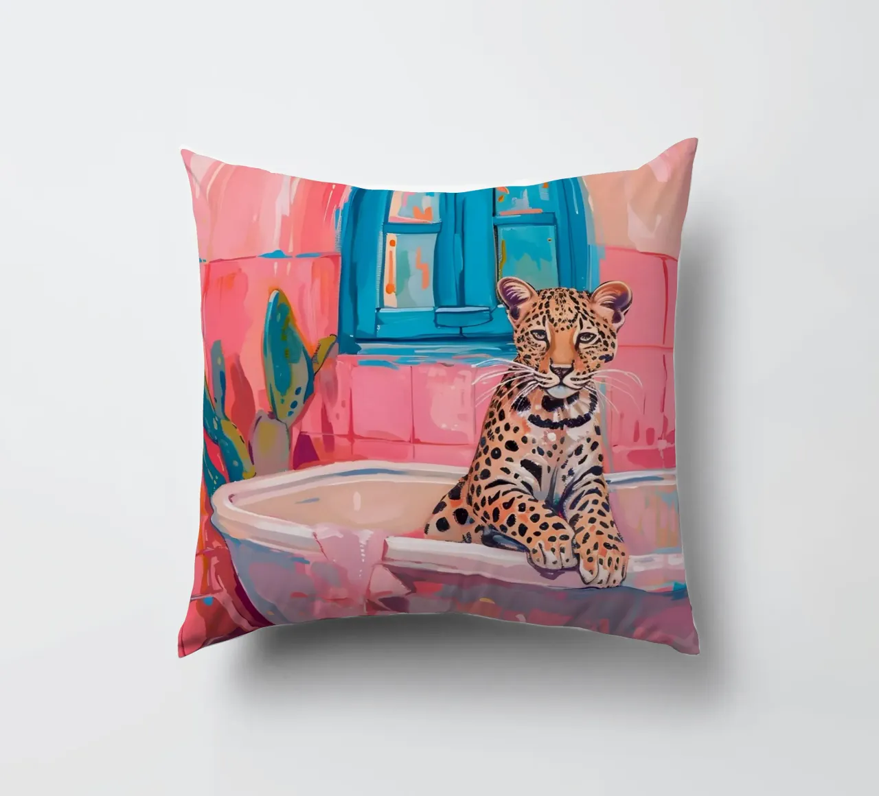 "Leopard in the Bath" Pop Surrealism Art - Playful & Bold decorative cushion by ClubArt