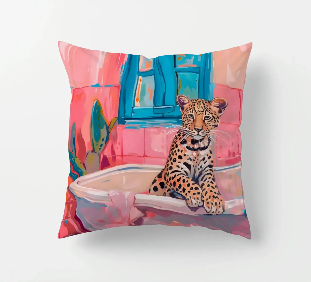 "Leopard in the Bath" Pop Surrealism Art - Playful & Bold decorative cushion by ClubArt