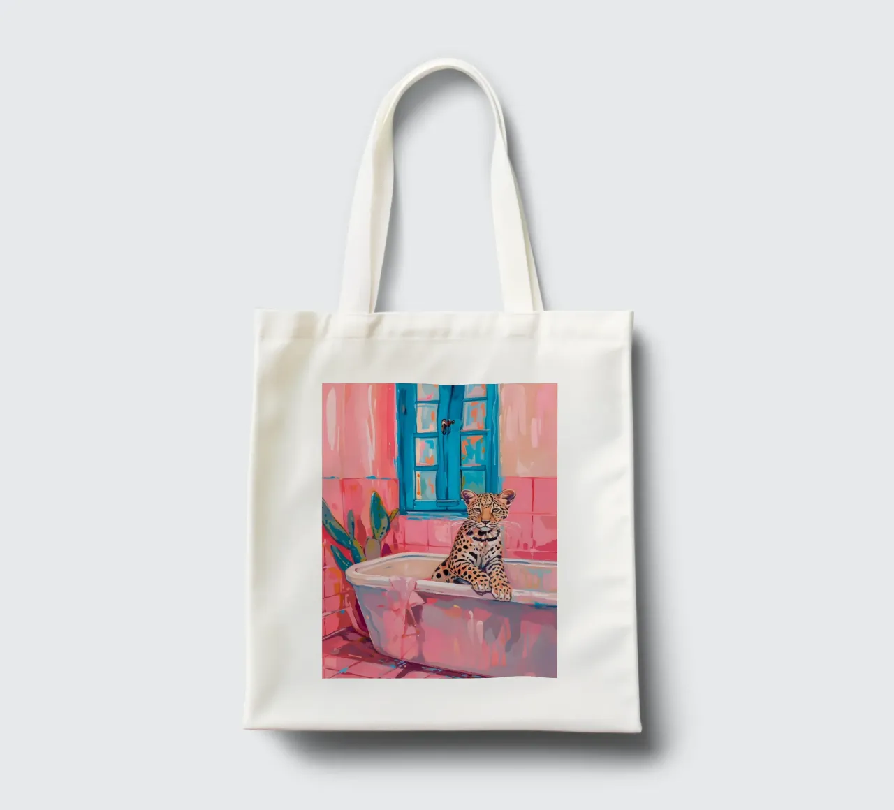 "Luipaard in bad" Pop Surrealisme Kunst - Speels & Gedurfd jute draagtas van ClubArt