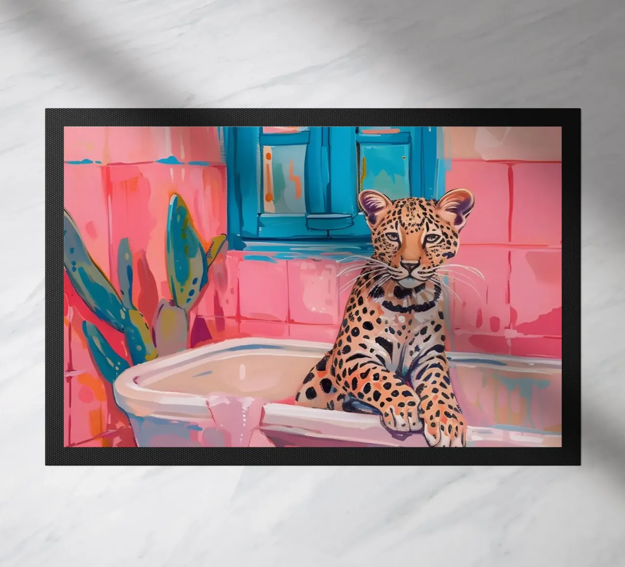 "Leopard in der Badewanne" Pop-Surrealismus-Kunst - verspielt & frech Fußmatte von ClubArt