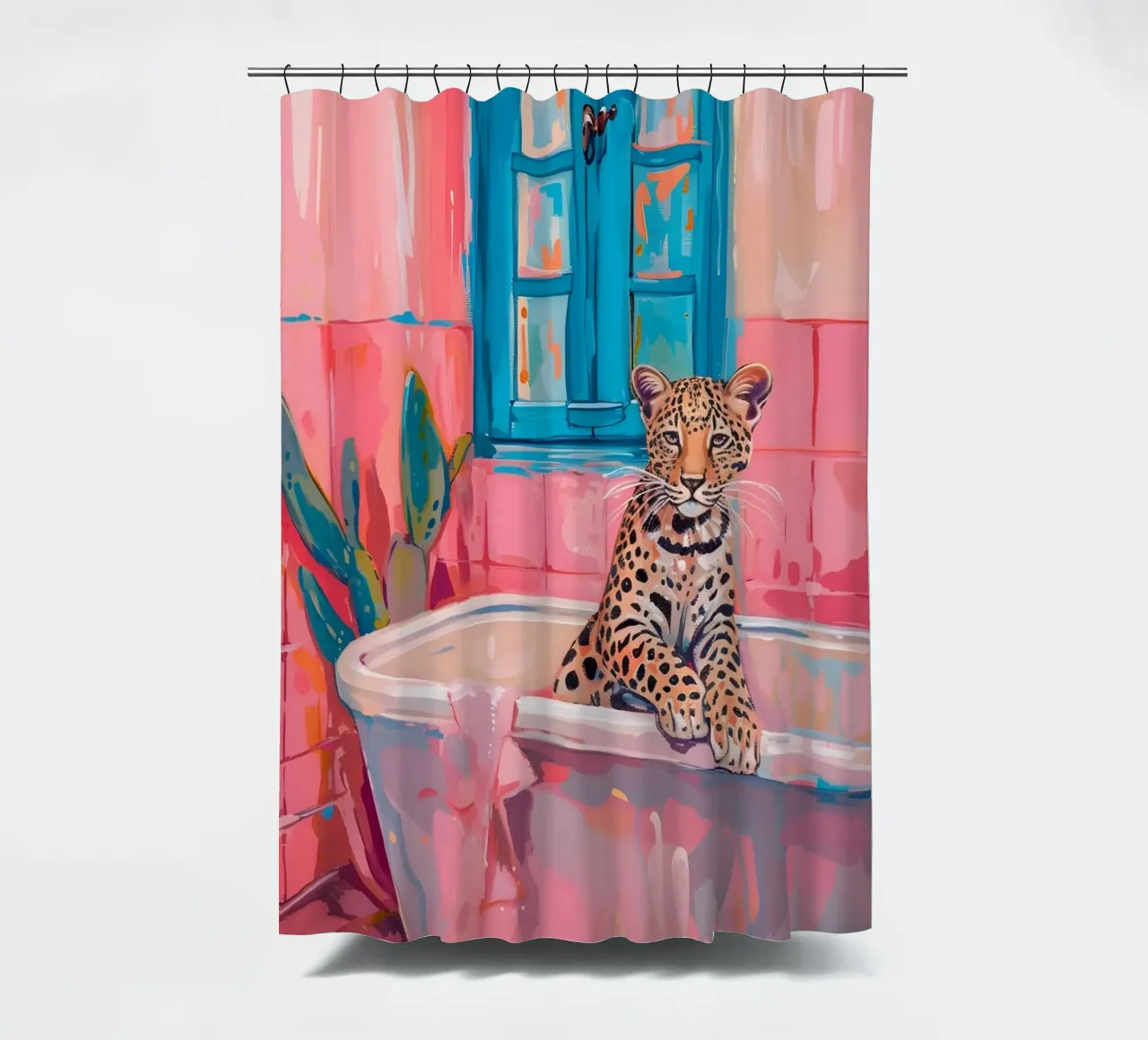 "Leopard in the Bath" Pop Surrealism Art - Playful & Bold shower curtain by ClubArt