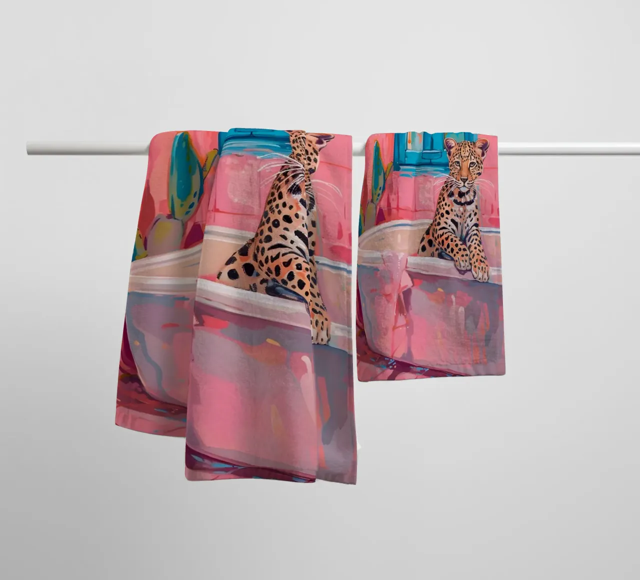 "Leopard in the Bath" Pop Surrealism Art - Playful & Bold towel by ClubArt