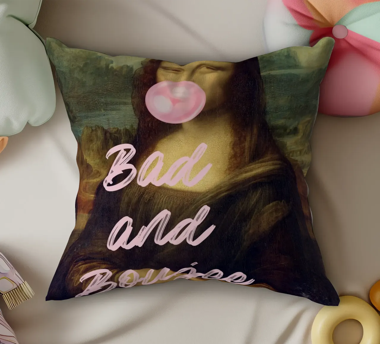 Pop Art "Bad and Boujee Mona Lisa" - Iconica e di tendenza cuscino da ClubArt