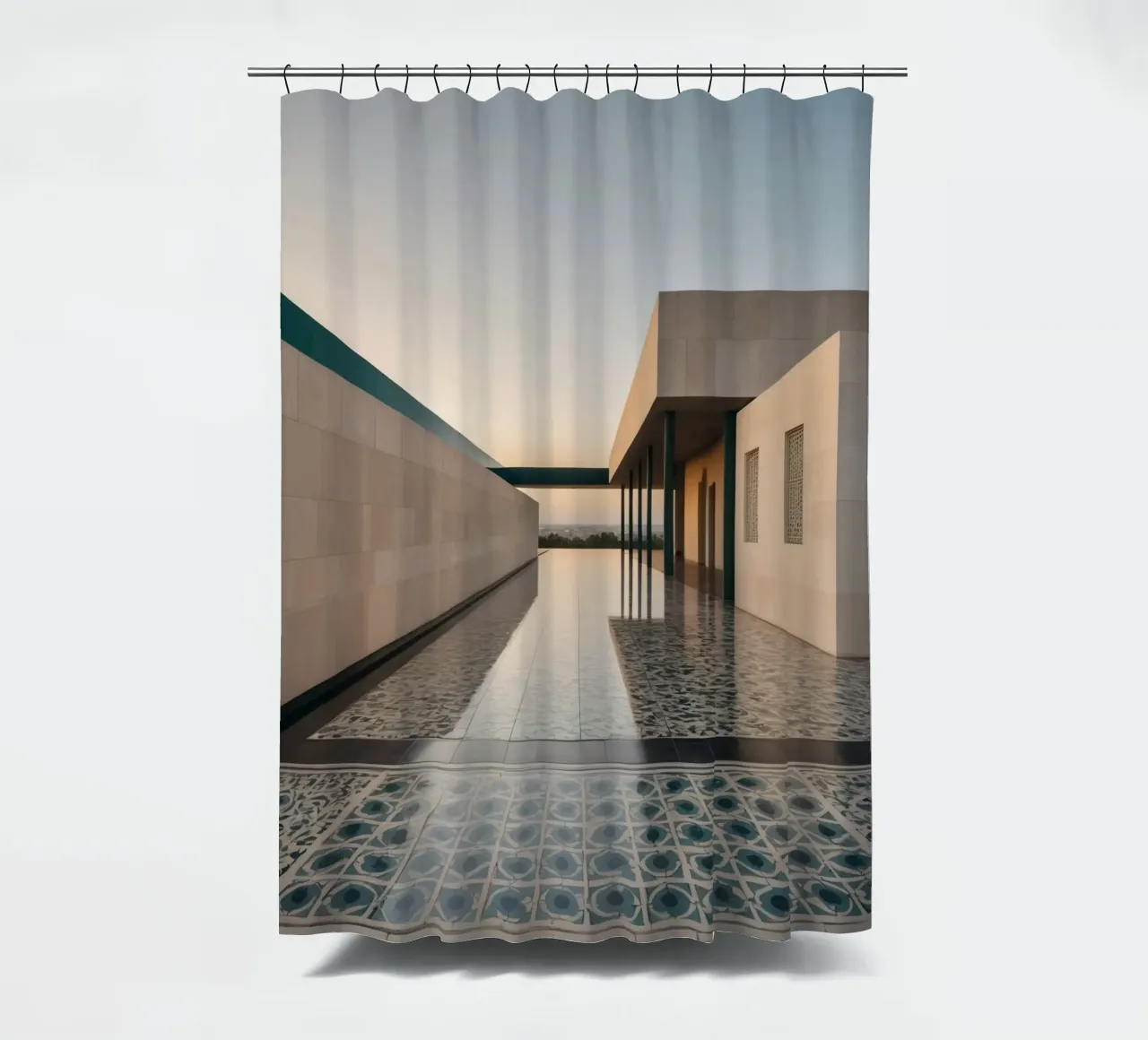 Modern architectural design showcases intricate tile pattern shower curtain by DesignDoodle