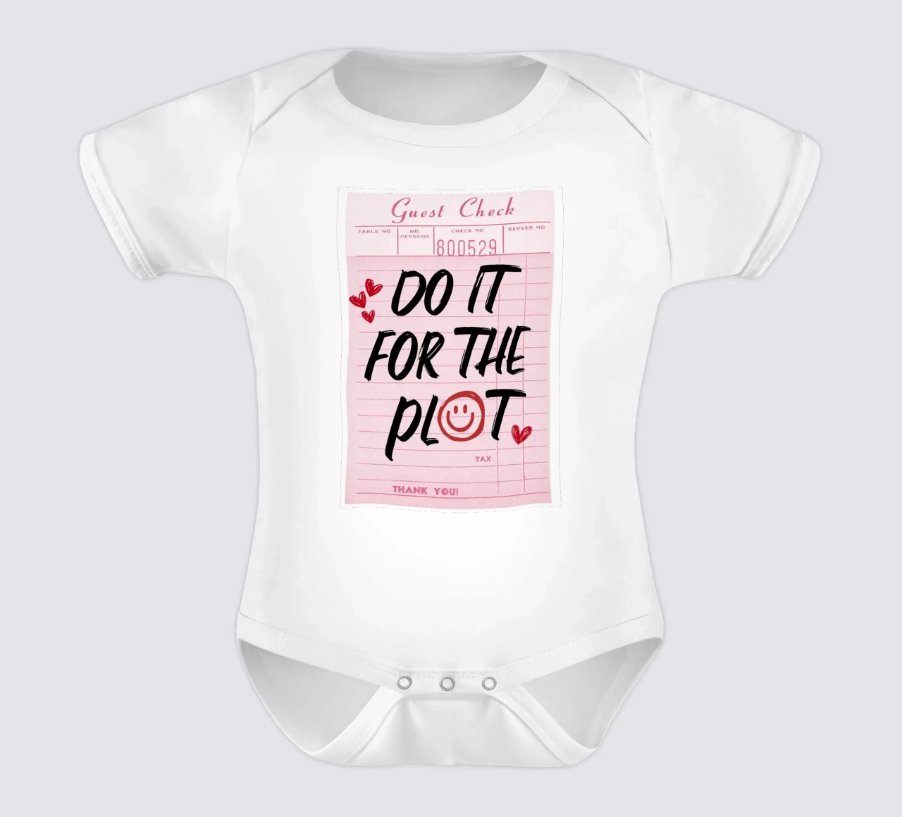 "Do It For The Plot" Retro Guest Check Art - Witty & Bold short-sleeve baby romper by ClubArt