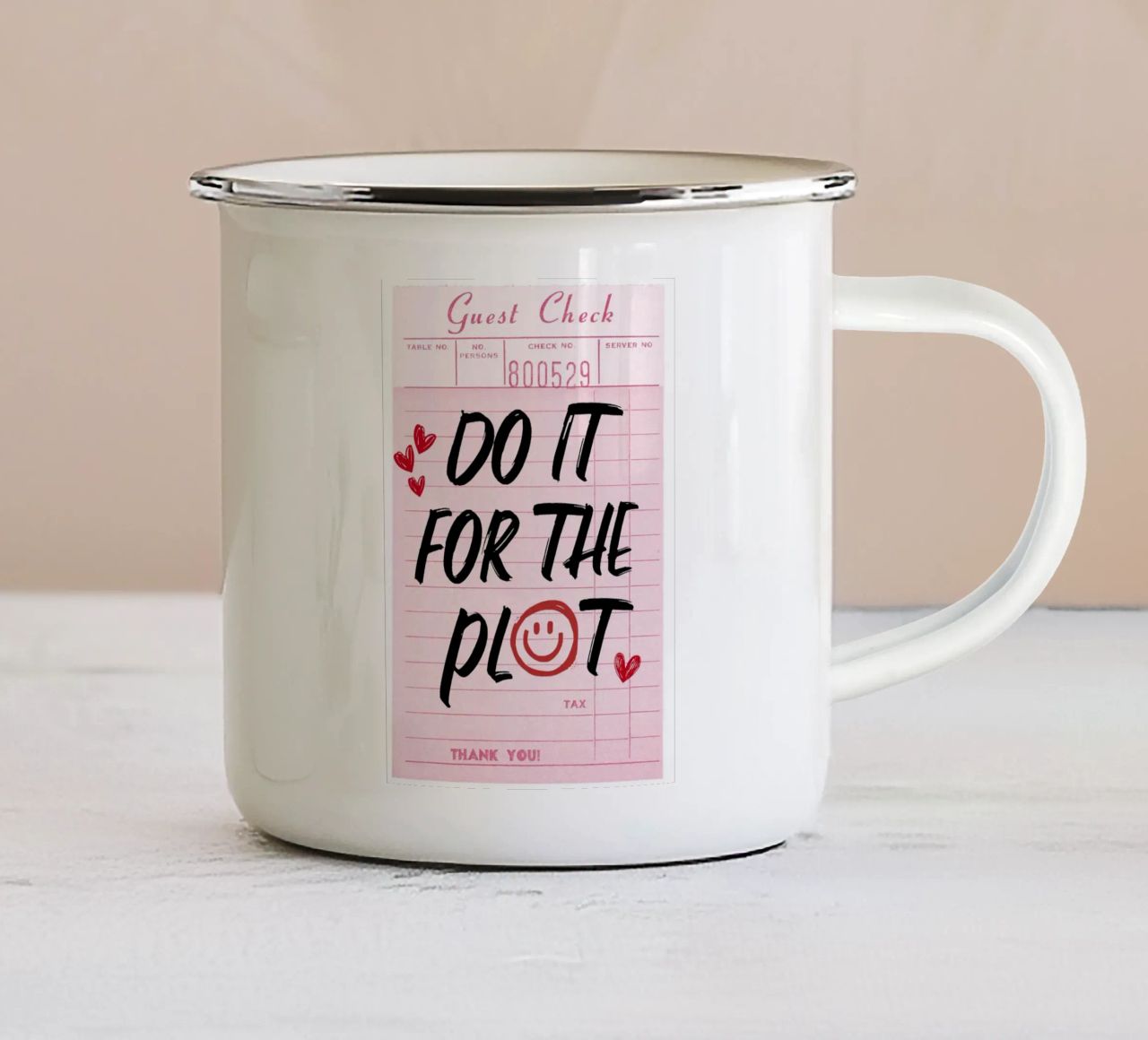 "Do It For The Plot" Retro Guest Check Art - Witty & Bold enamel mug by ClubArt