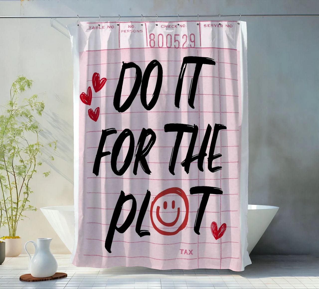 "Do It For The Plot" Retro Guest Check Art - Witty & Bold shower curtain by ClubArt