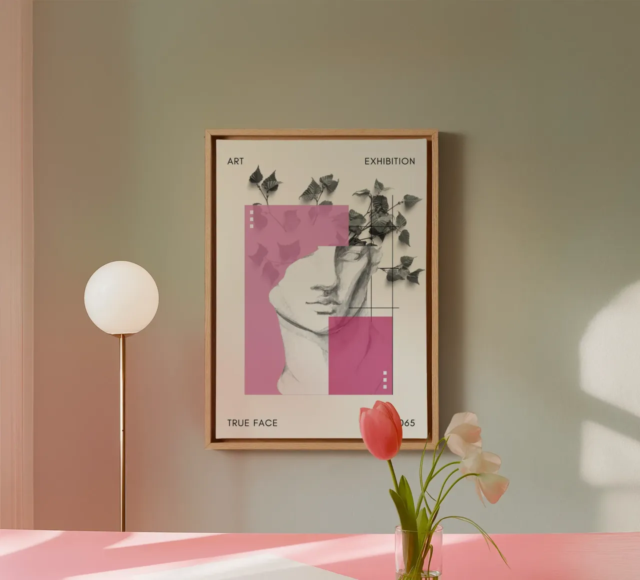 "True Face" Abstract Neo-Classical Art - Modern Pink canvas with Floater frame by ClubArt
