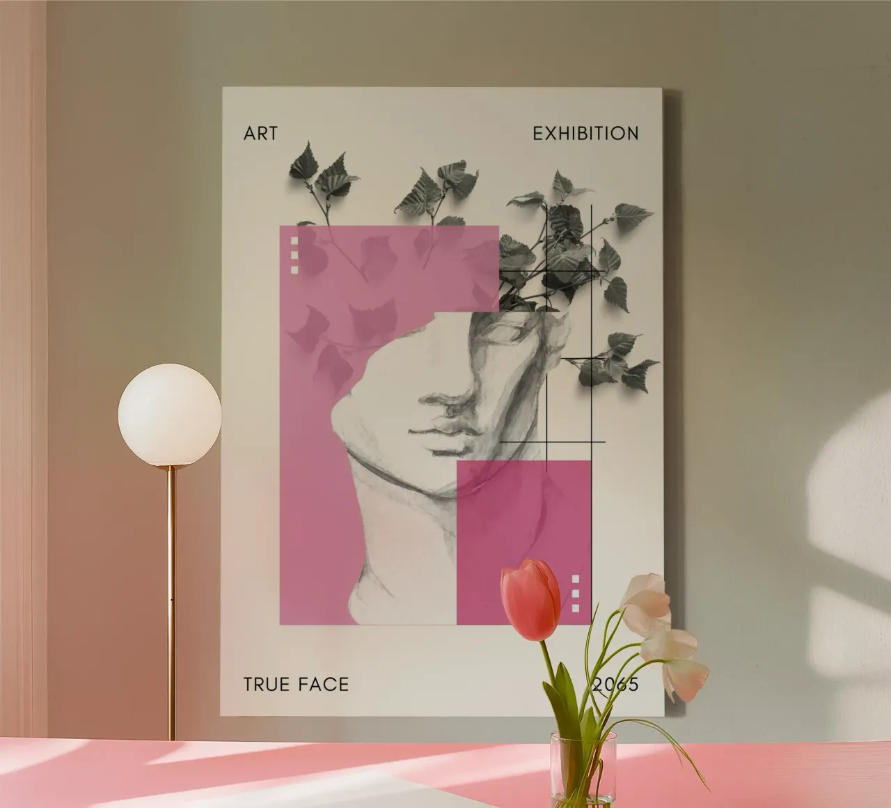 "True Face" Abstract Neo-Classical Art - Modern Pink canvas with Floater frame by ClubArt