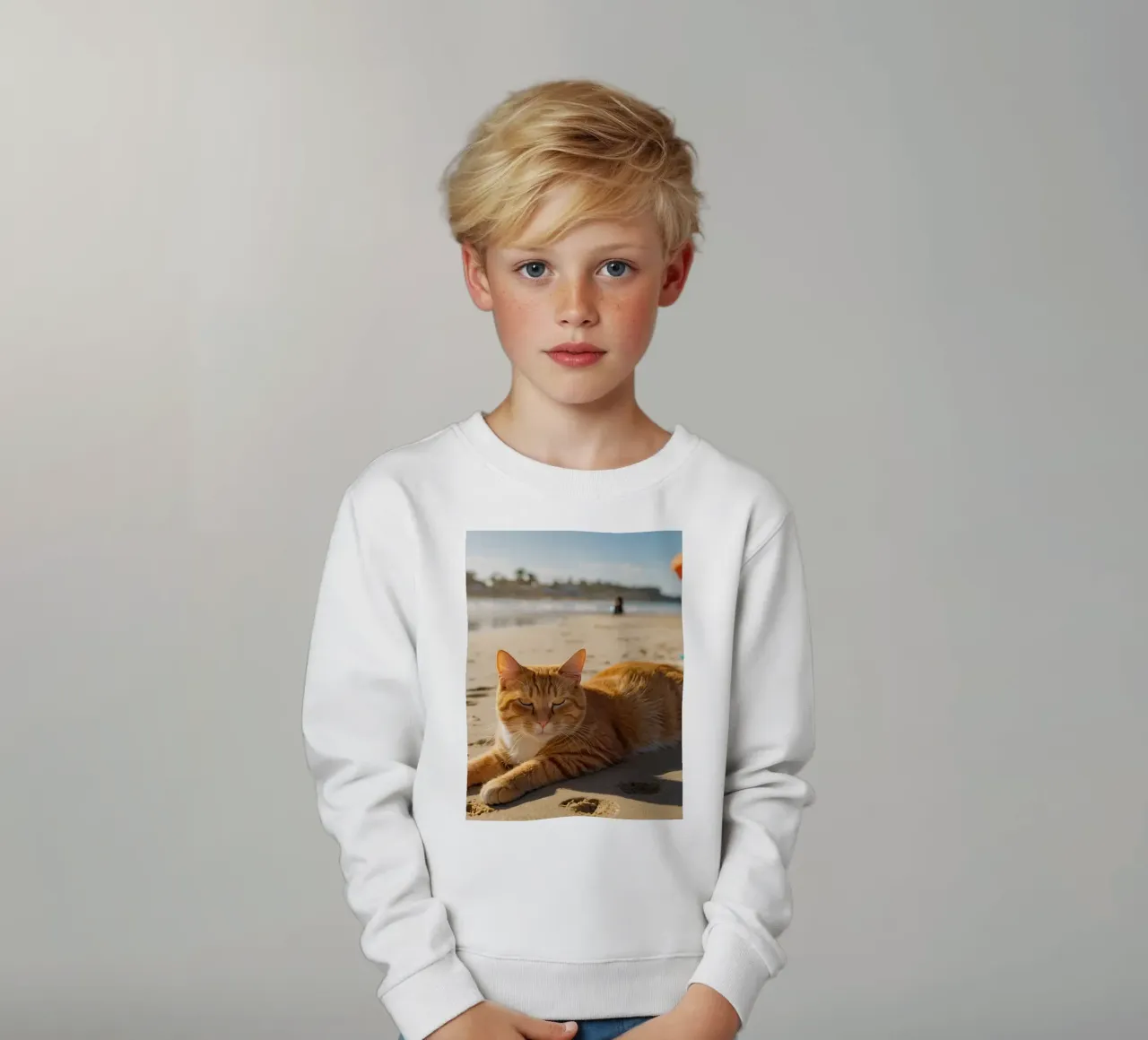 Chat orange se prélassant sur une plage ensoleillée avec un parasol sweat enfant de DesignDoodle