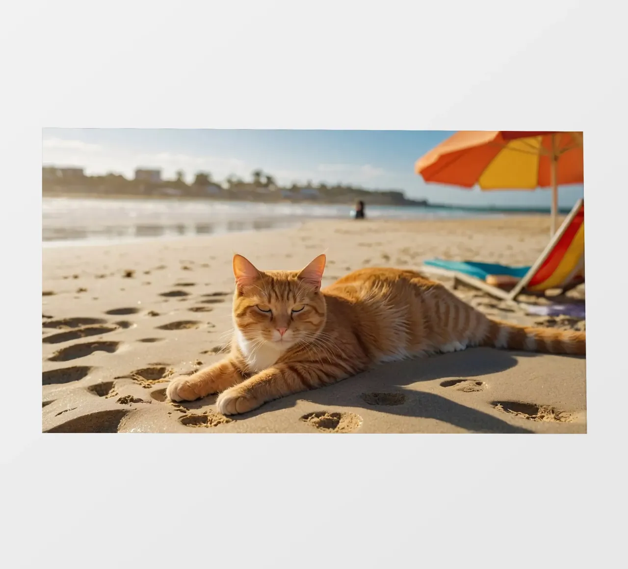 Gatto arancione che si sdraia su una spiaggia assolata con un ombrello pellicola backlit da DesignDoodle
