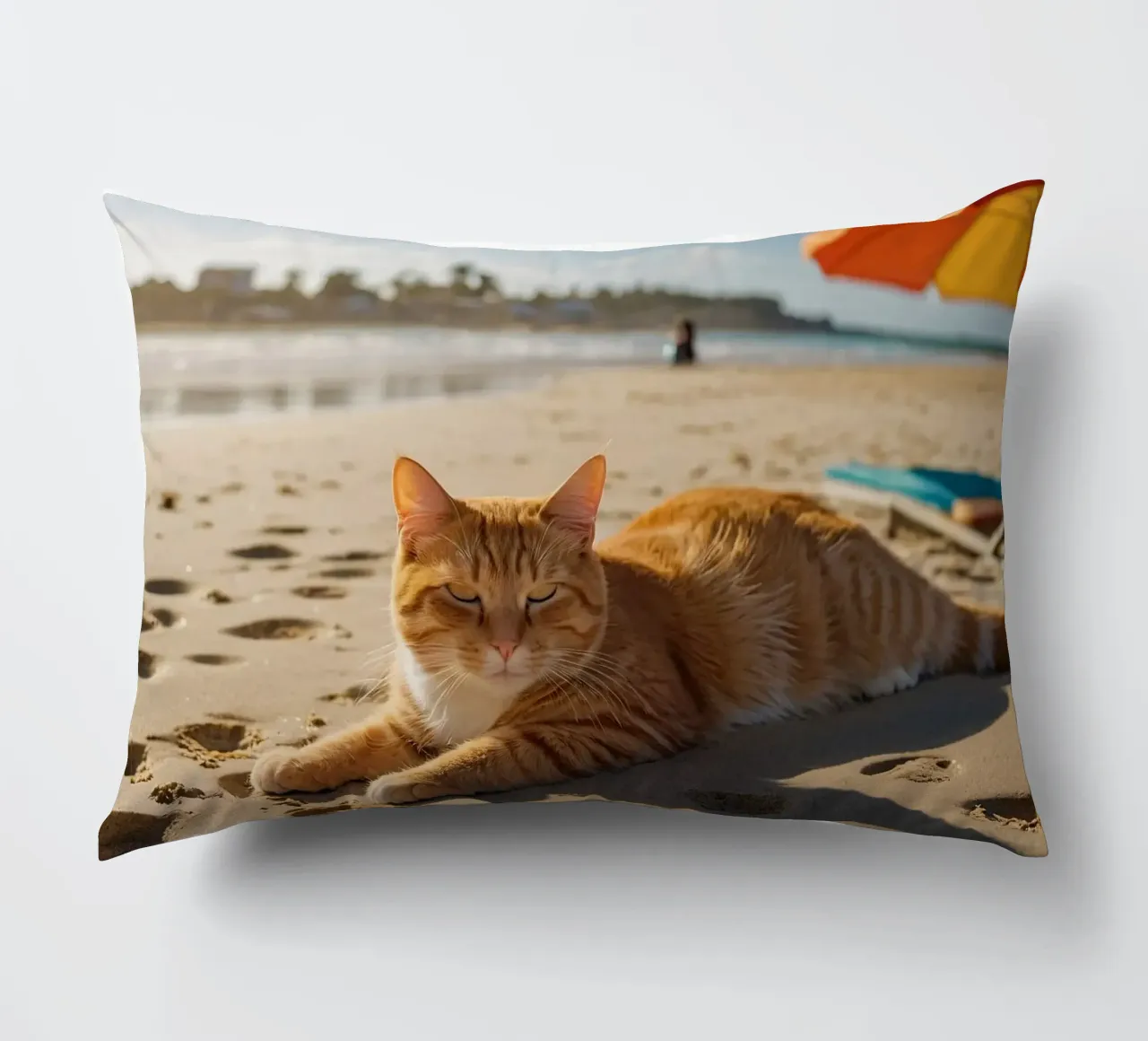 Gatto arancione che si sdraia su una spiaggia assolata con un ombrello cuscino da DesignDoodle