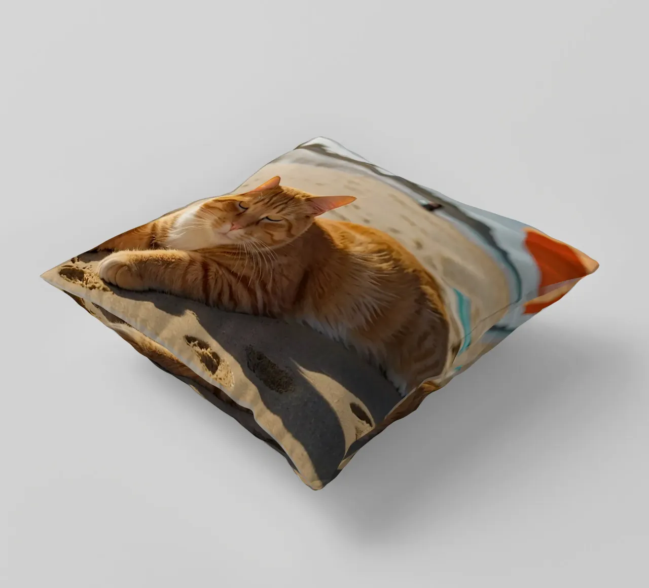 Gatto arancione che si sdraia su una spiaggia assolata con un ombrello cuscino da DesignDoodle