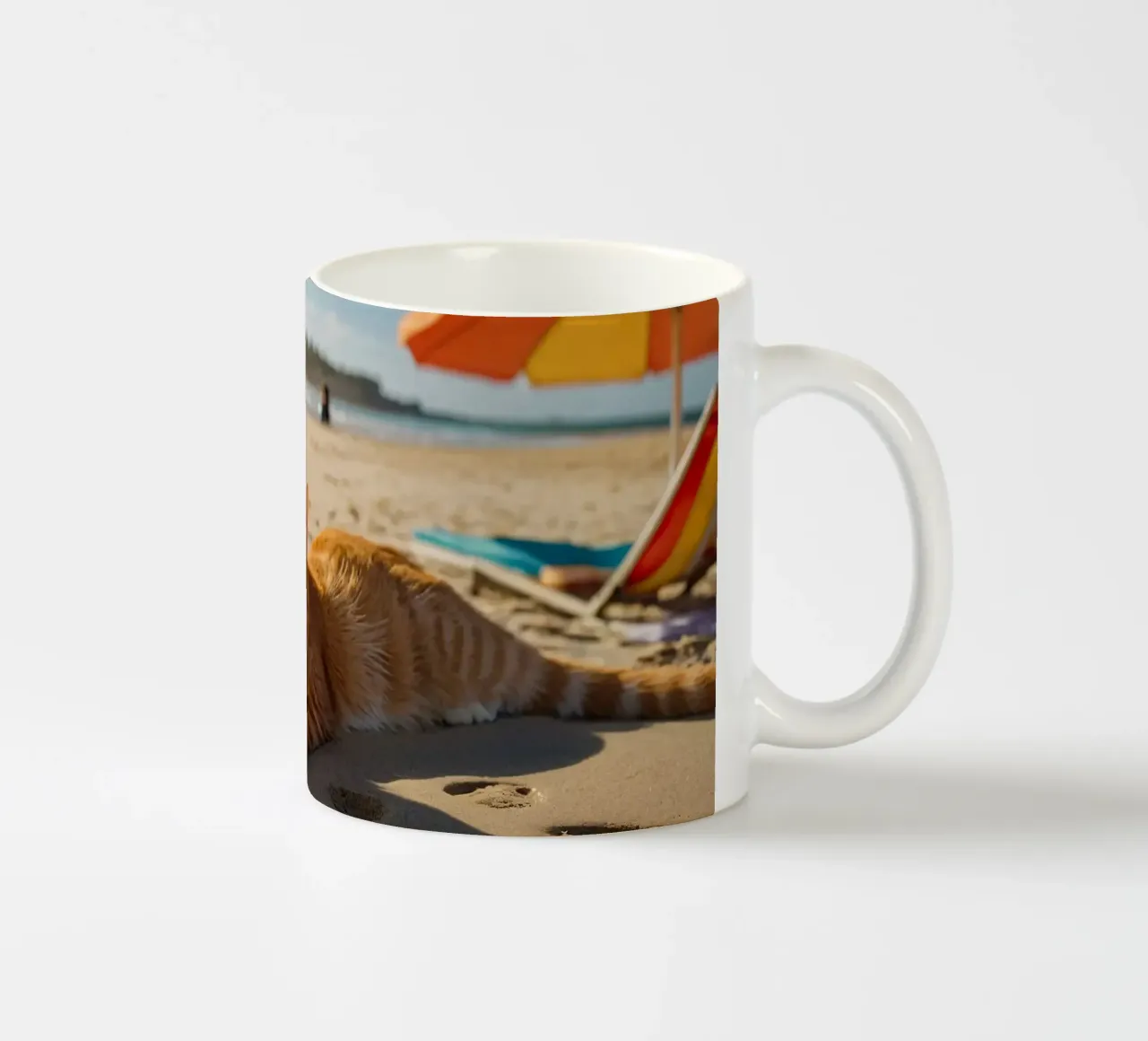 Gatto arancione che si sdraia su una spiaggia assolata con un ombrello tazza in ceramica da DesignDoodle