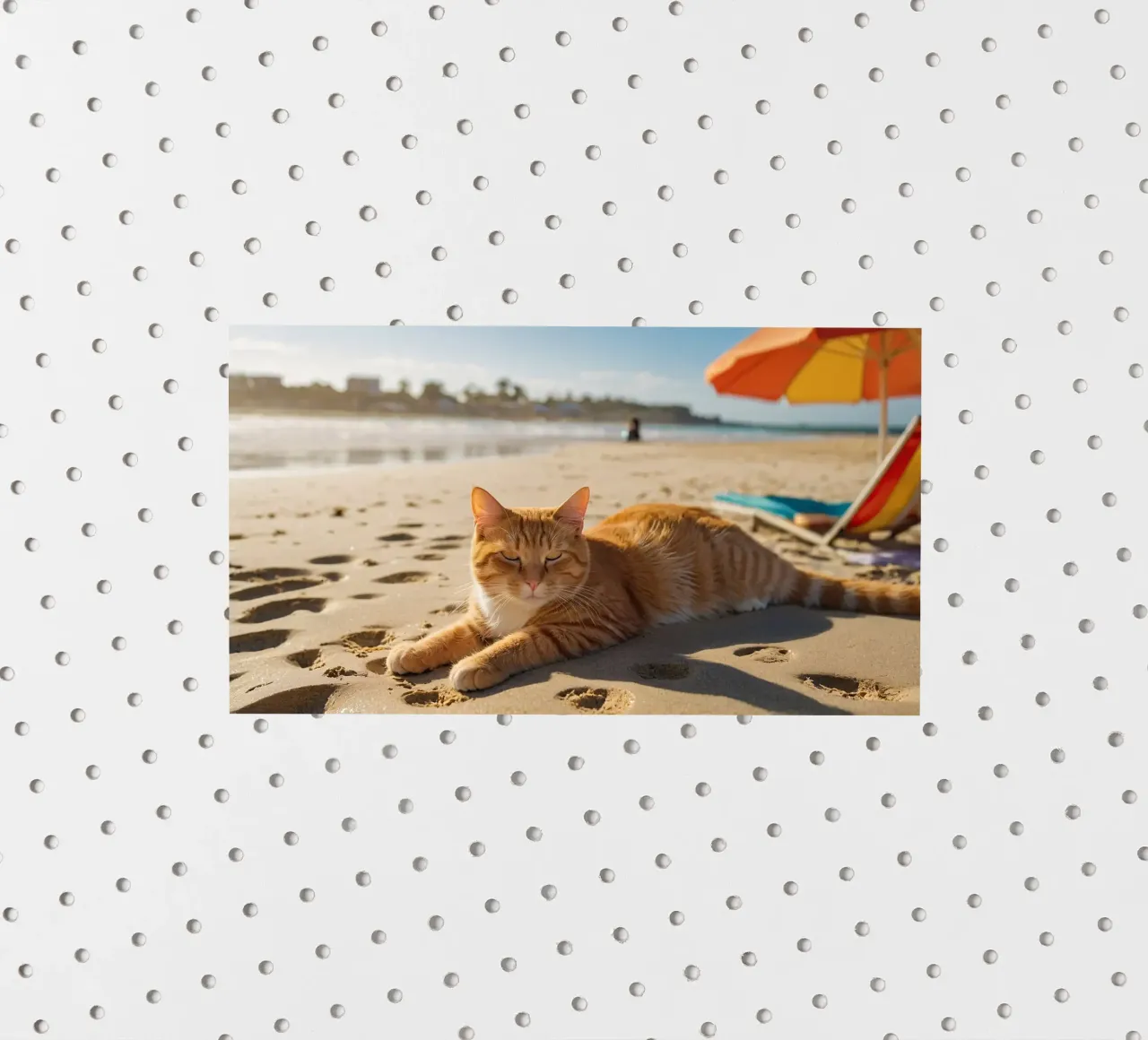 Chat orange se prélassant sur une plage ensoleillée avec un parasol autocollant de DesignDoodle
