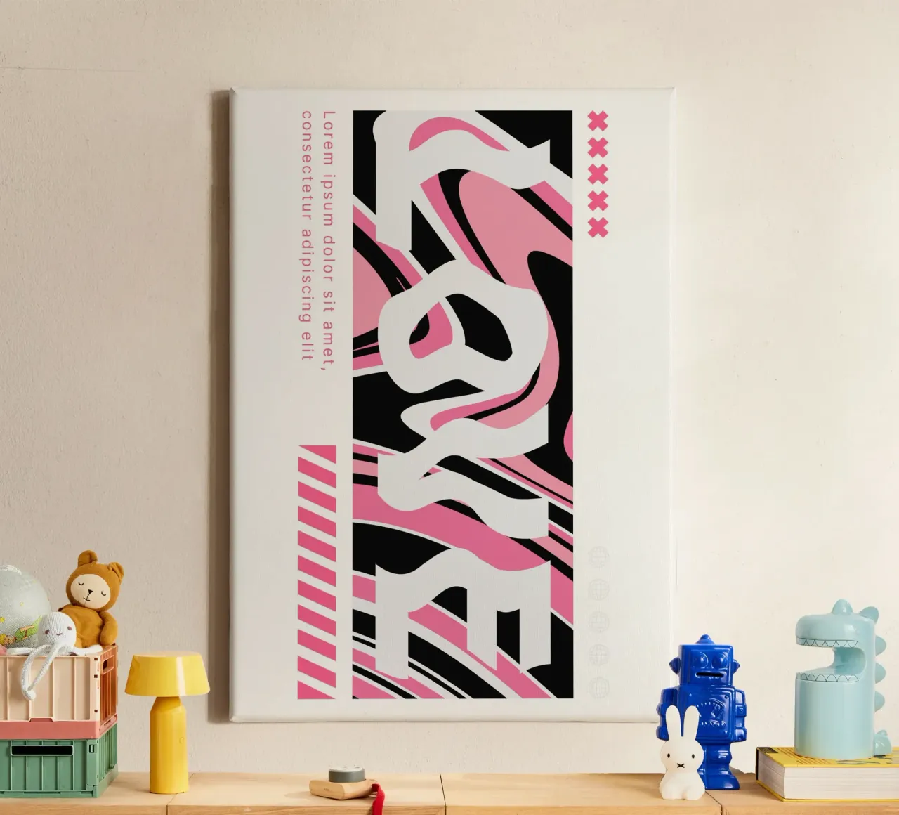 "LOVE" Abstract Typography Art - Pink & Modern Grunge Leinwand mit Schattenfugenrahmen von ClubArt