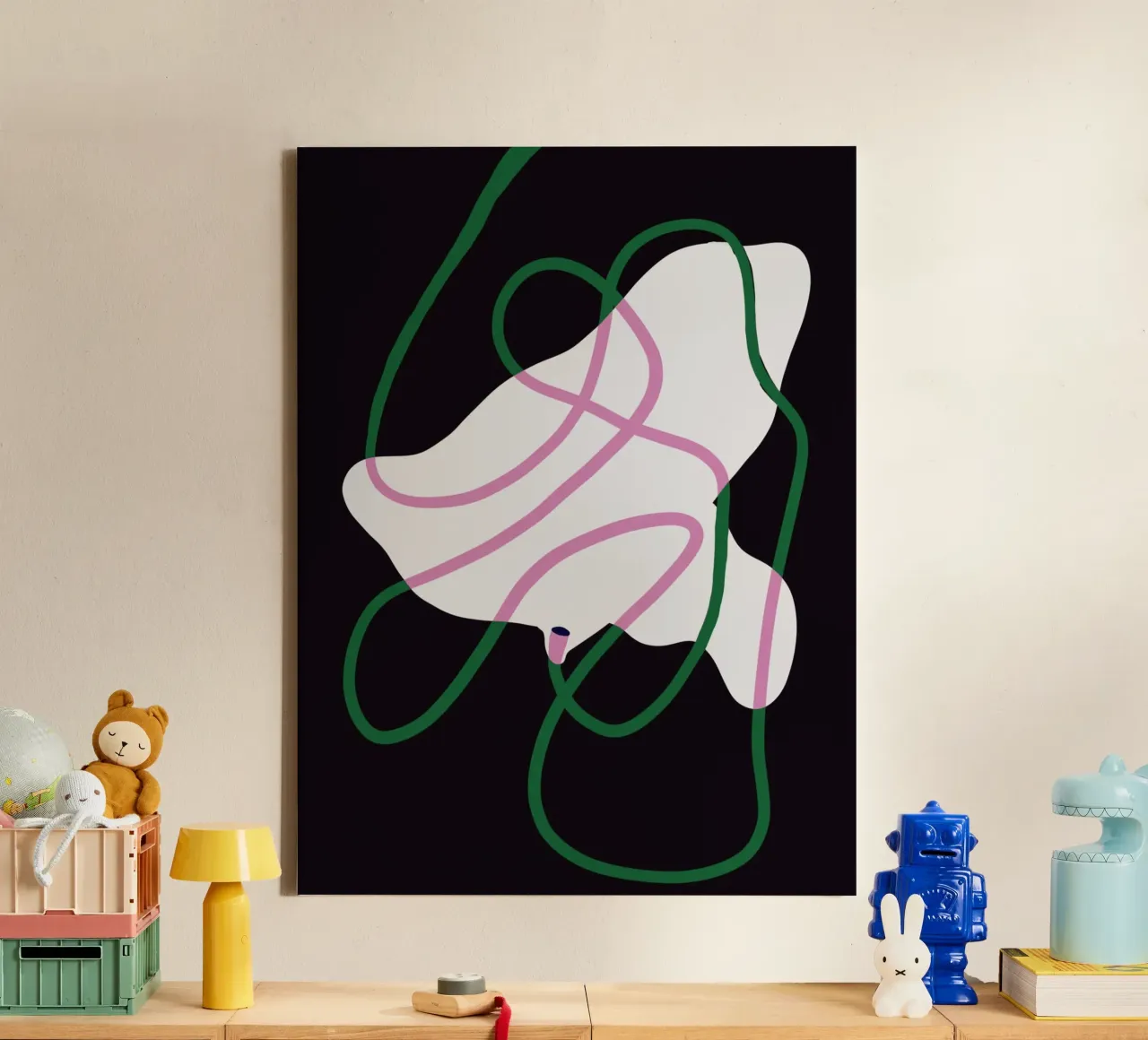 White fabric and green strings 02 canvas by Little Dean