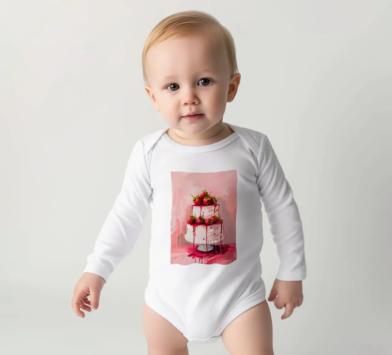 "Strawberry Drip Cake" Pop Art Print - Sweet & Lush long-sleeve baby romper by ClubArt