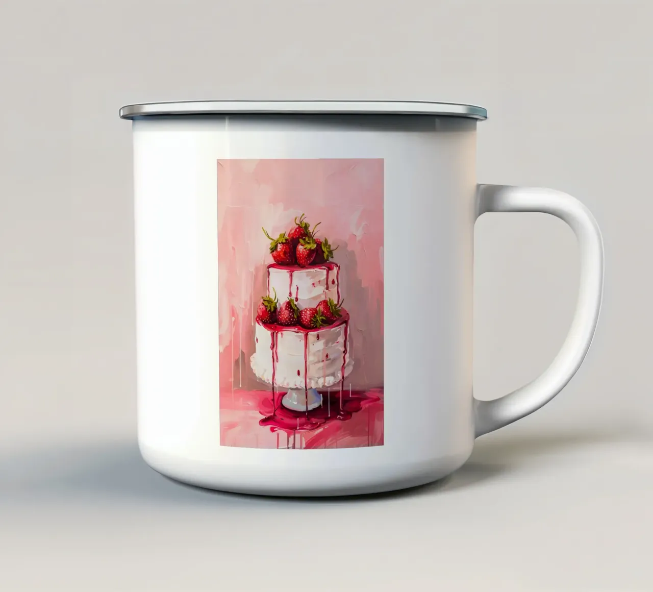 Pop-art print "Aardbeien druppeltaart" - Sweet & Lush emaille mok van ClubArt