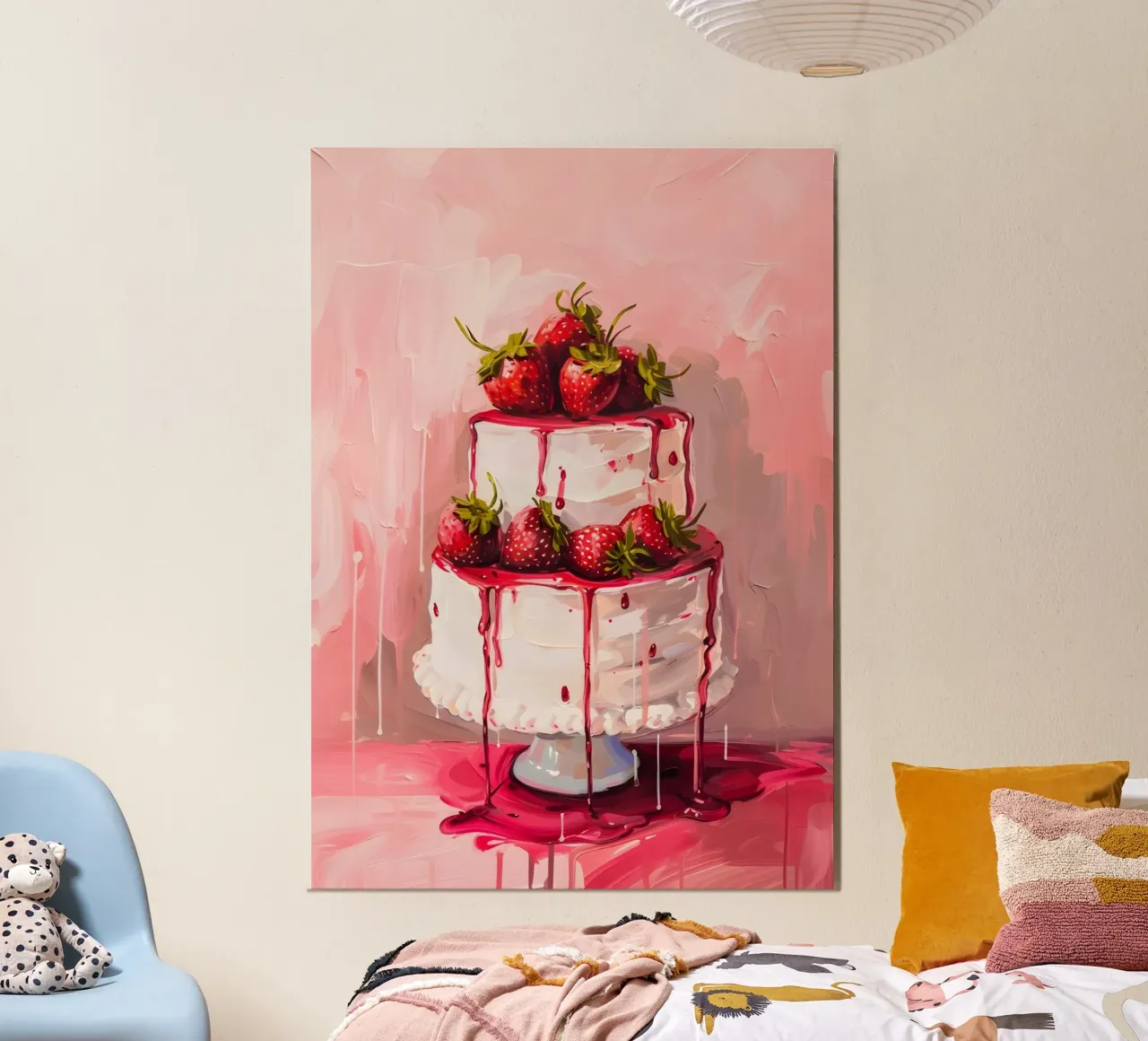 Pop-art print "Aardbeien druppeltaart" - Sweet & Lush aluminium-dibond van ClubArt