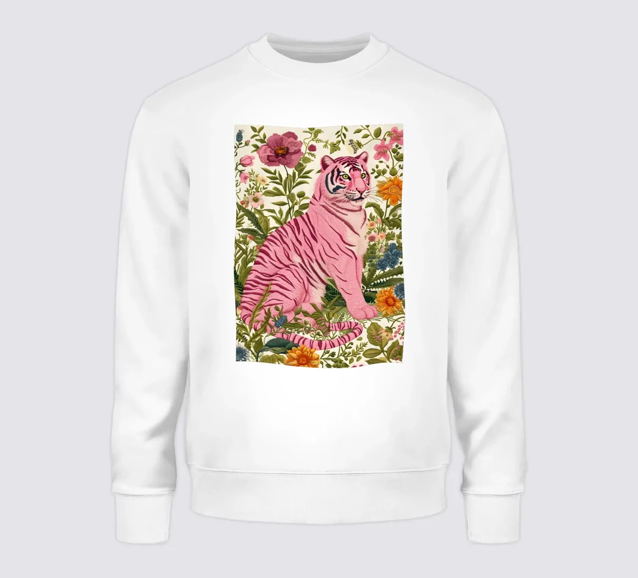 "Pink Tiger in Bloom" Botanical Art - Lush & Whimsical sweatshirt by ClubArt