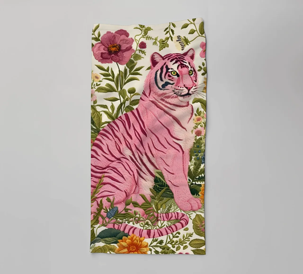 "Pink Tiger in Bloom" Botanical Art - Lush & Whimsical towel by ClubArt