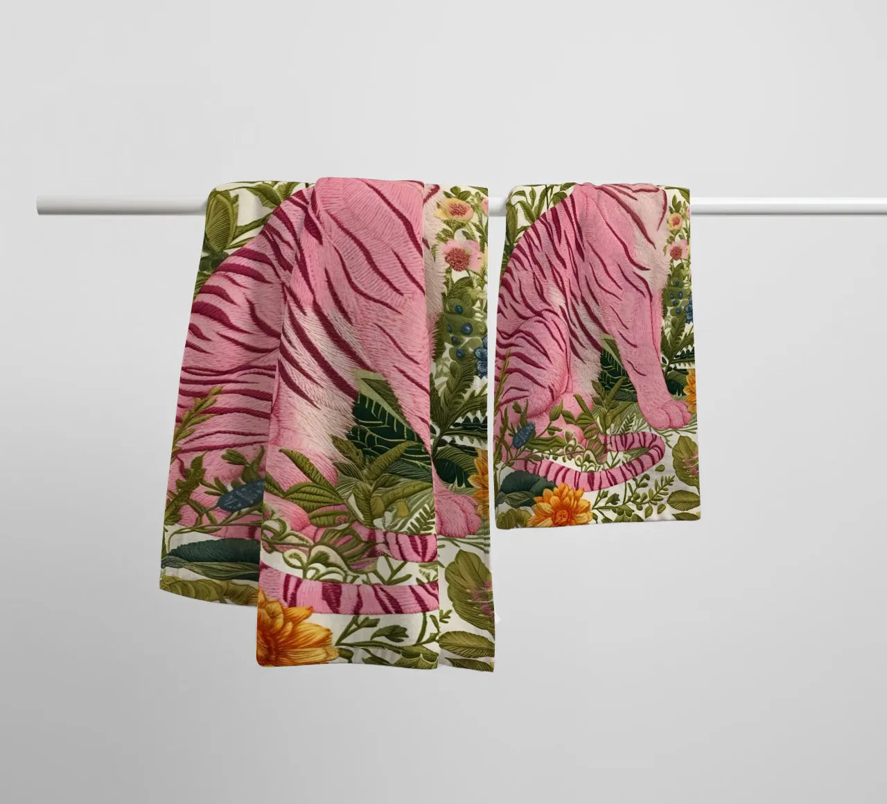 "Pink Tiger in Bloom" Botanical Art - Lush & Whimsical towel by ClubArt