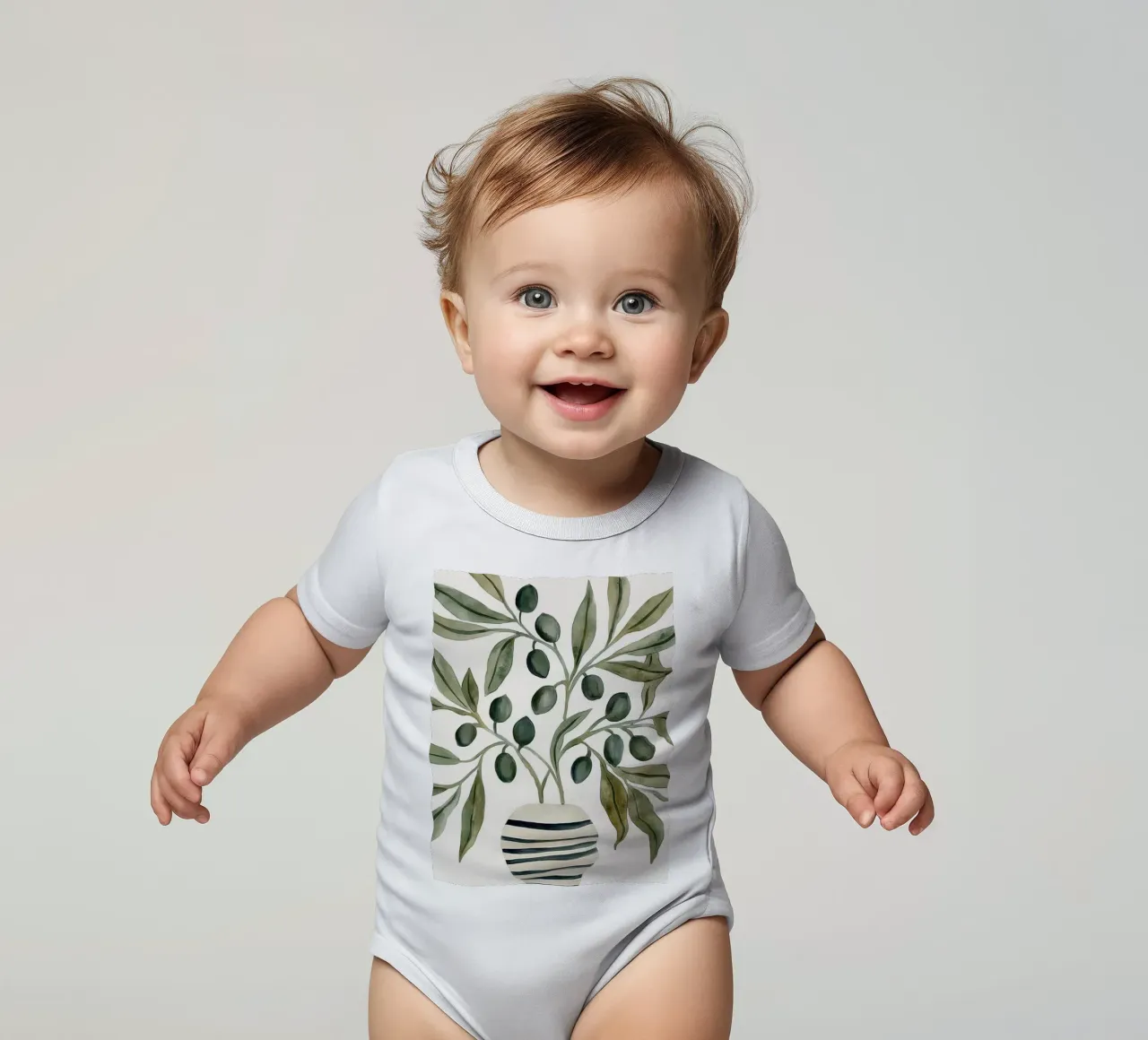 Boho Vintage Botanical Olive Branches in Mediterranean Vase short-sleeve baby romper by Gentle Echoes Art