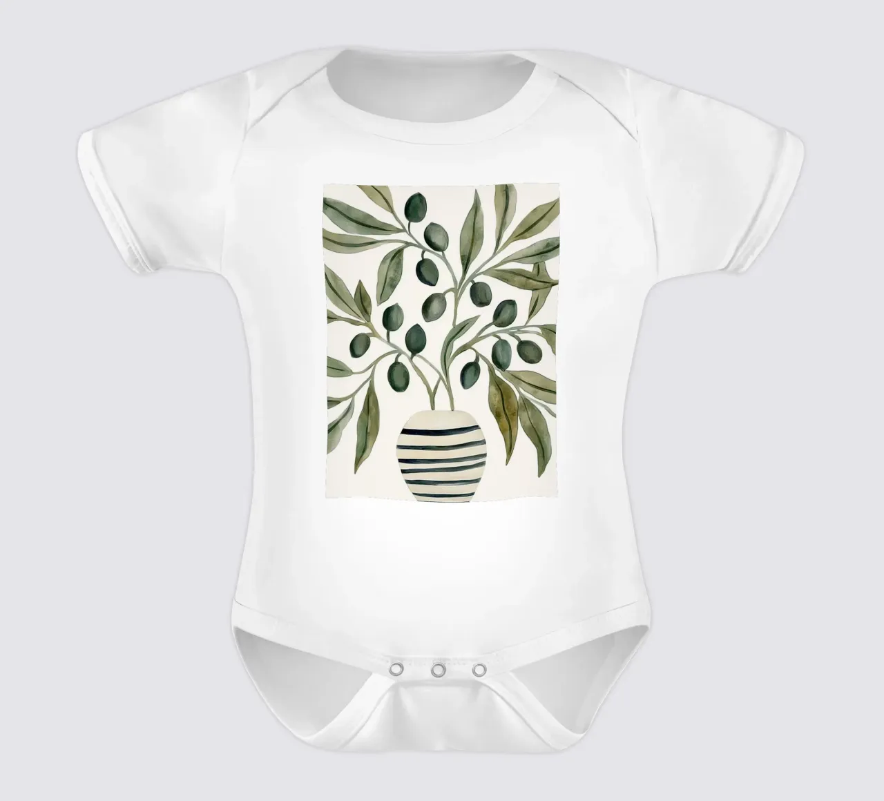 Boho Vintage Botanical Olive Branches in Mediterranean Vase short-sleeve baby romper by Gentle Echoes Art