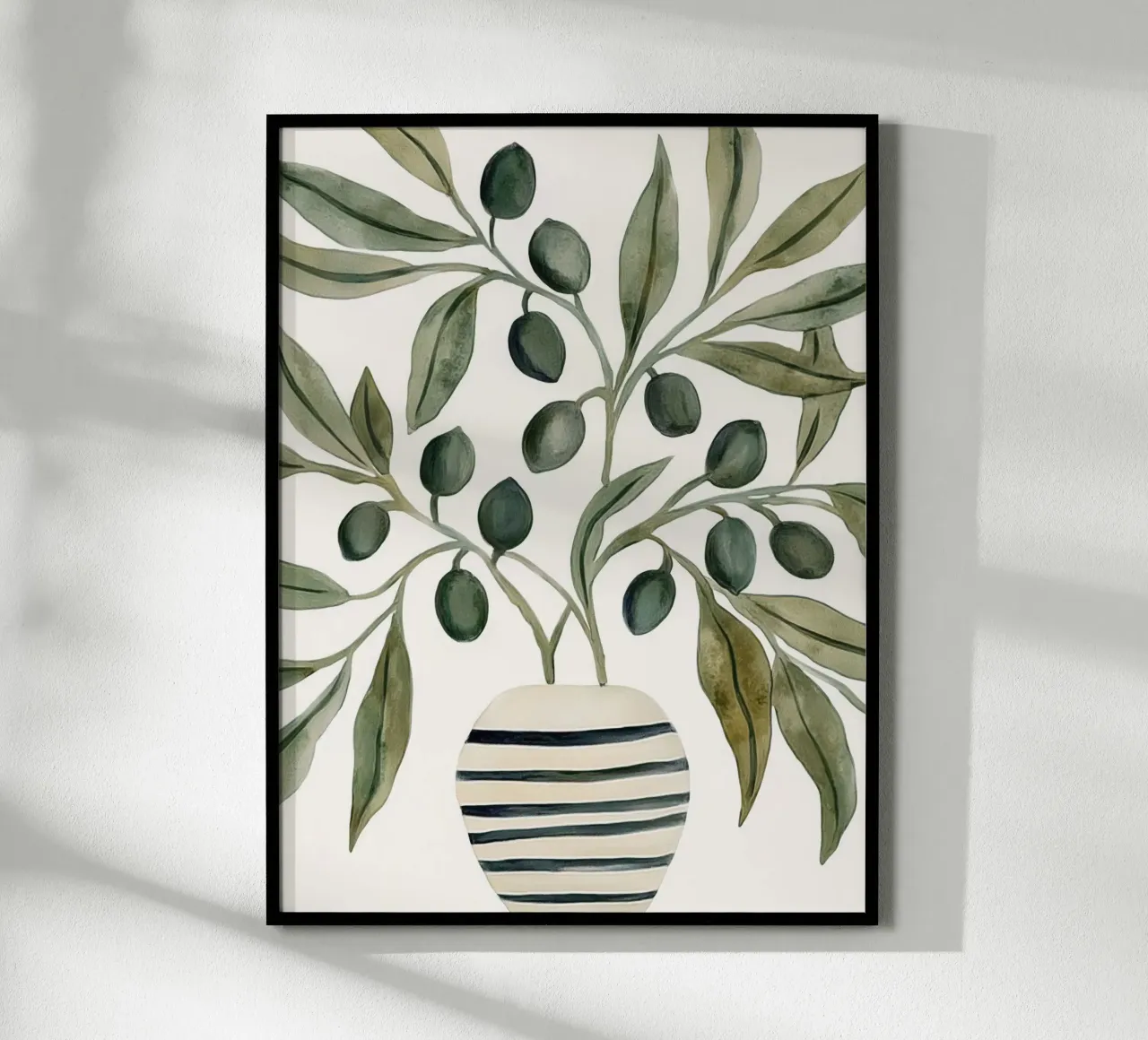 Boho Vintage Botanical Olive Branches in Mediterranean Vase poster with wooden frame by Gentle Echoes Art