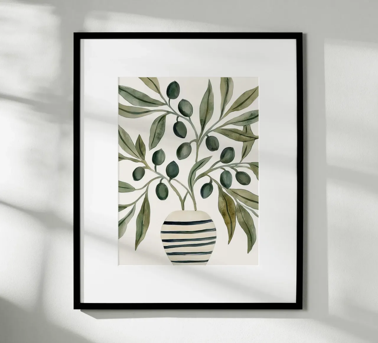 Boho Vintage Botanical Olive Branches in Mediterranean Vase poster with wooden frame by Gentle Echoes Art