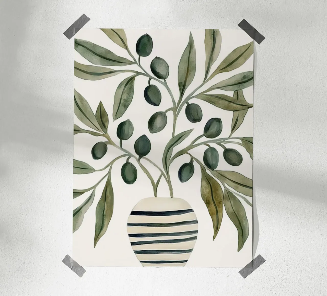Boho Vintage Botanical Olive Branches in Mediterranean Vase poster with wooden frame by Gentle Echoes Art
