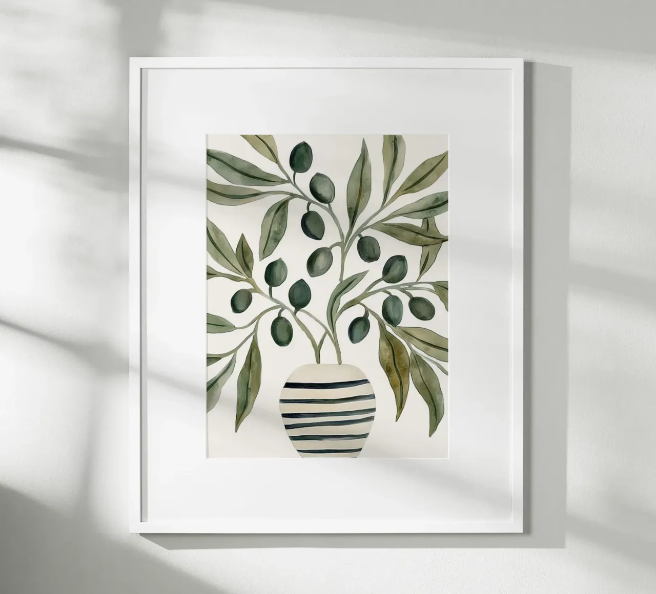 Boho Vintage Botanical Olive Branches in Mediterranean Vase poster with wooden frame by Gentle Echoes Art