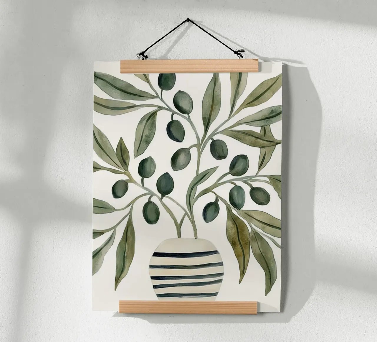 Boho Vintage Botanical Olive Branches in Mediterranean Vase poster with wooden frame by Gentle Echoes Art