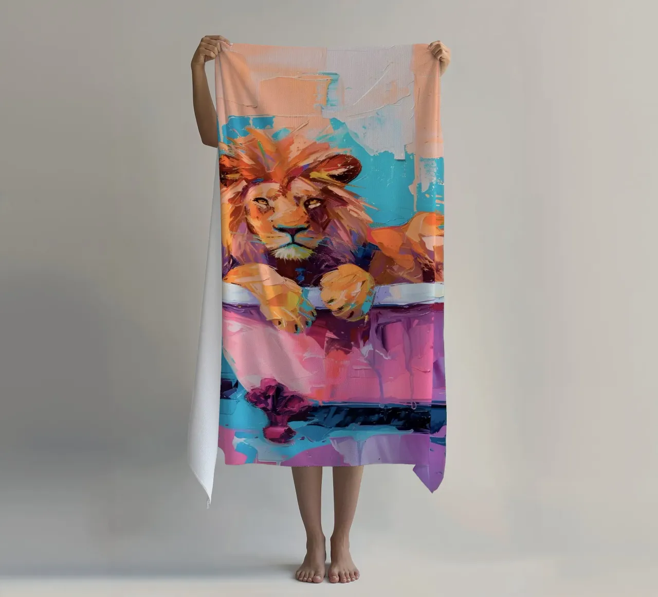 "Lion in the Bathtub" Abstract Impressionist Art - Bold & Wi beach towel by ClubArt