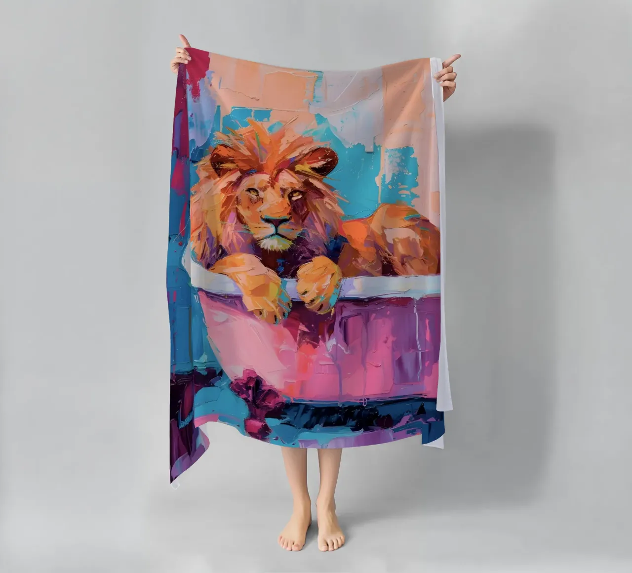"Lion in the Bathtub" Abstract Impressionist Art - Bold & Wi beach towel by ClubArt