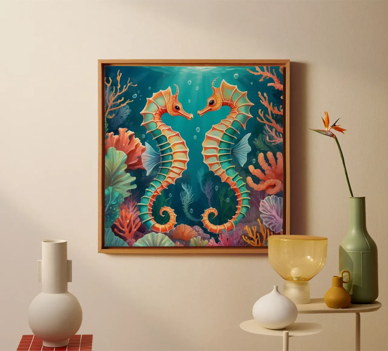 Felgekleurde zeepaardjes dansen te midden van levendige koraalriffen canvas met Baklijst van DesignDoodle