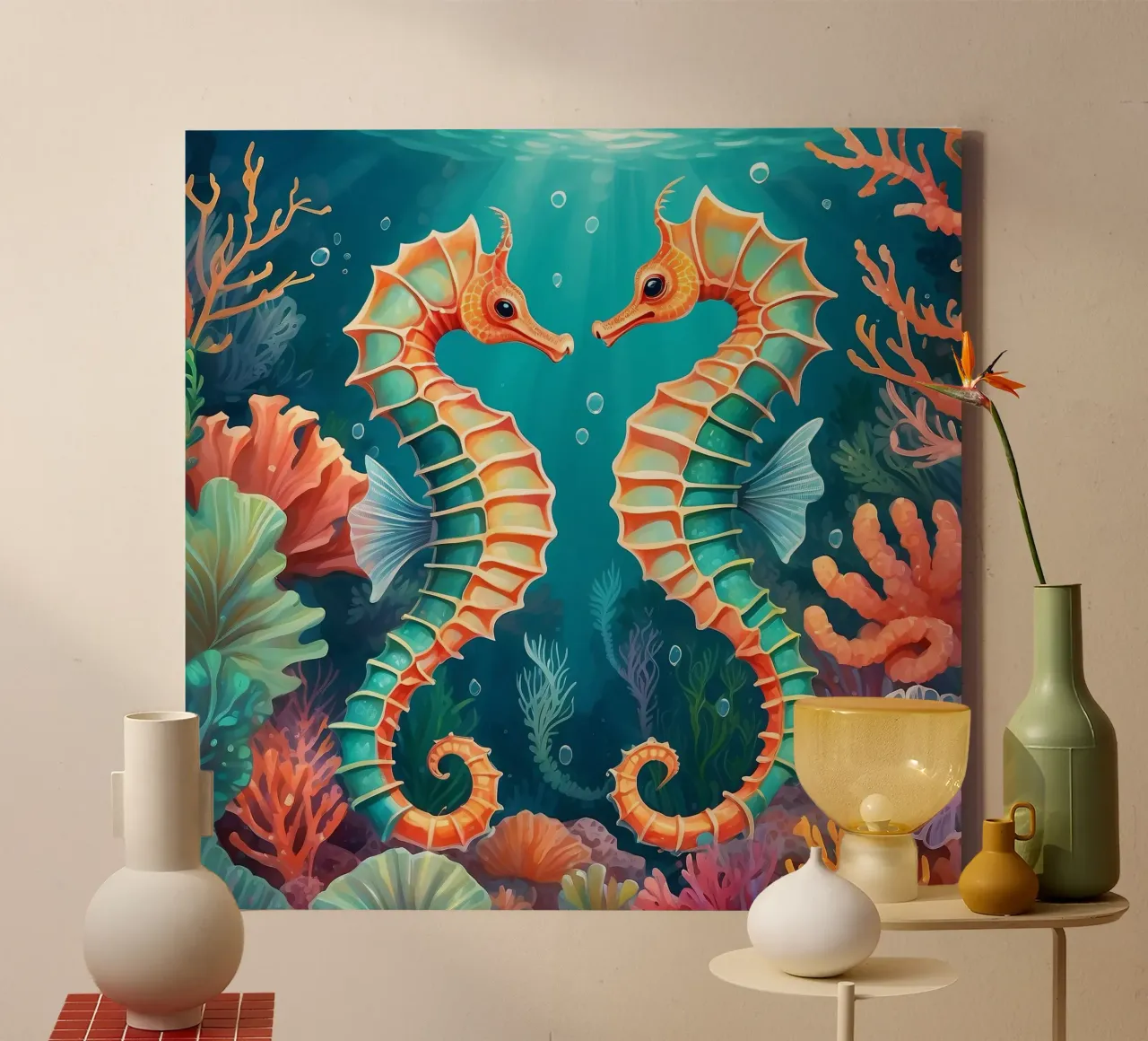Felgekleurde zeepaardjes dansen te midden van levendige koraalriffen canvas met Baklijst van DesignDoodle