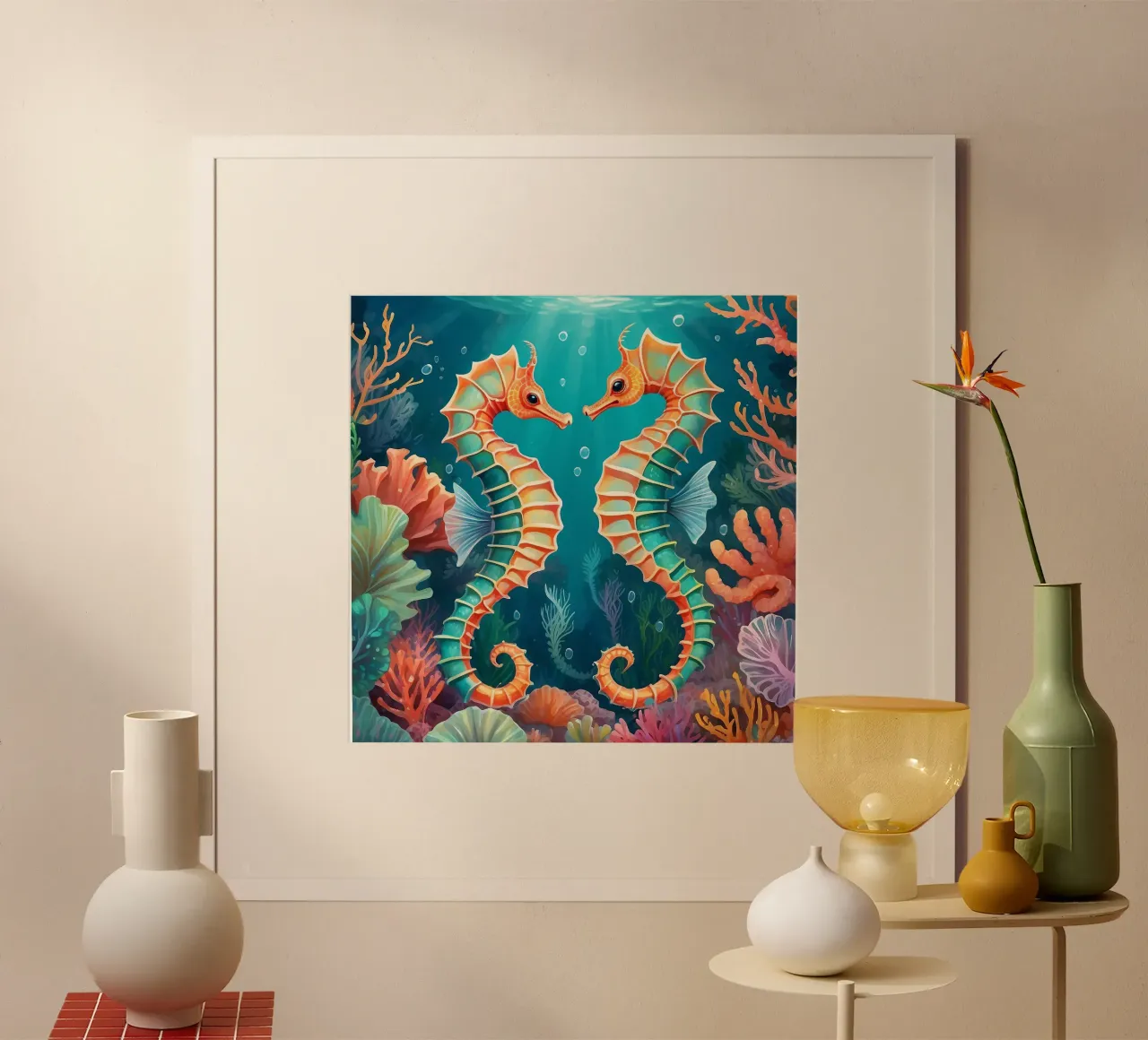 Felgekleurde zeepaardjes dansen te midden van levendige koraalriffen poster van DesignDoodle